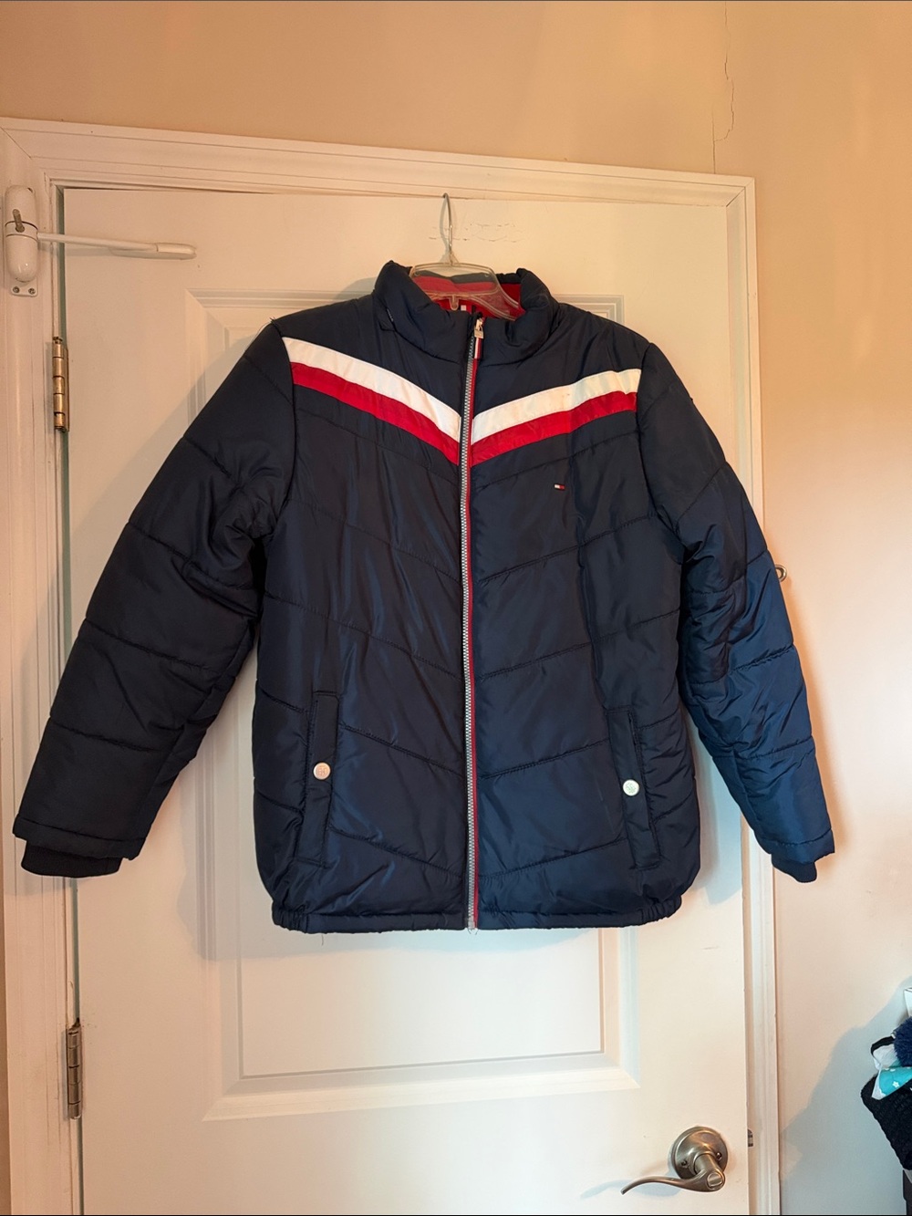 Tommy Hilfiger Navy Puffer Jacket with Red & White Trim